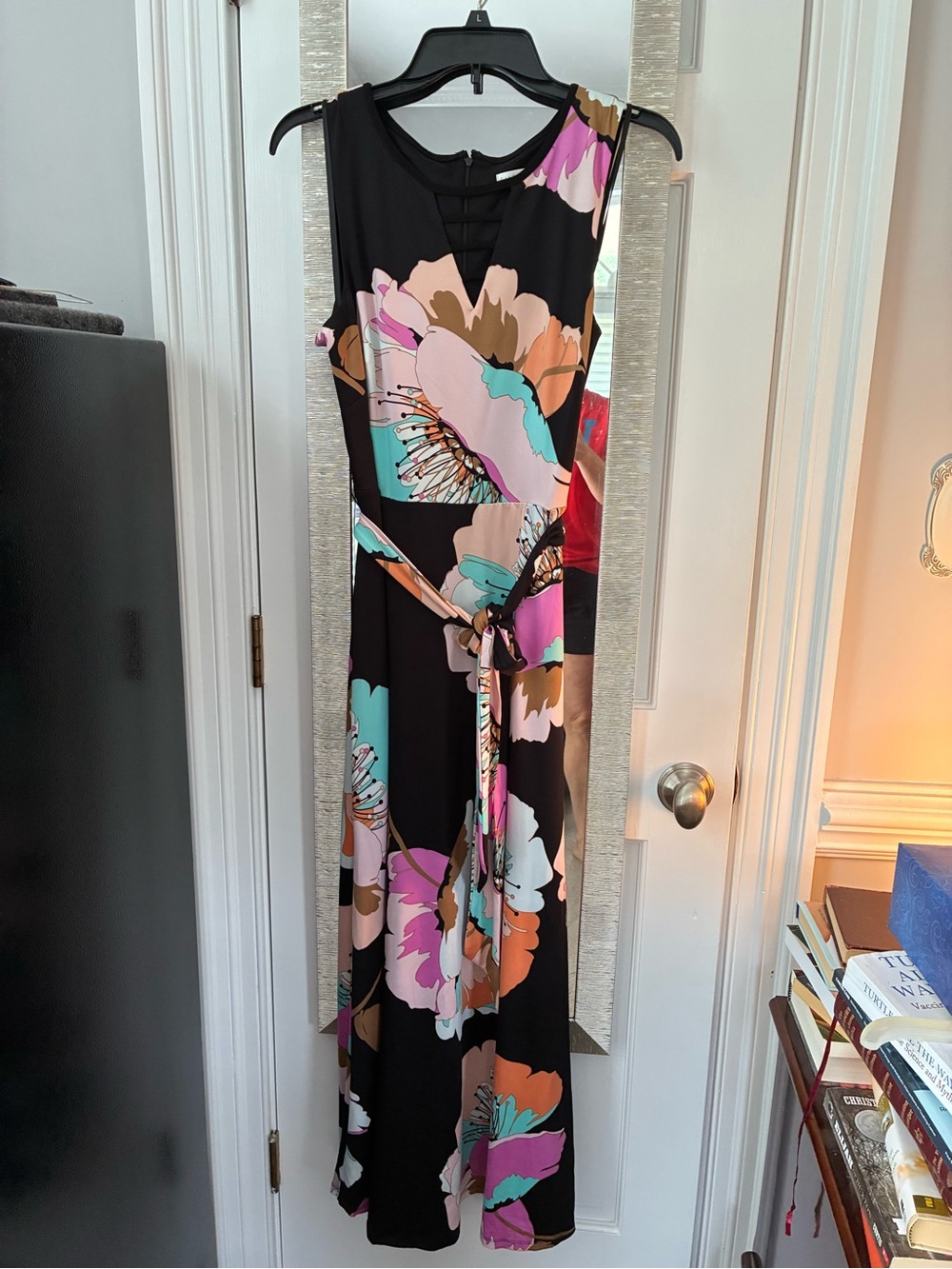 Sandra Darren Black Maxi Dress with Multicolor Floral Print Size 10